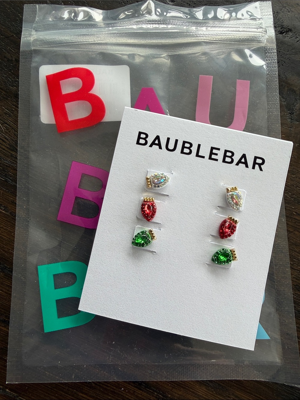 BaubleBar Christmas Light Bulb Stud Earring Set-3 Pairs Red Green Crystal NWT